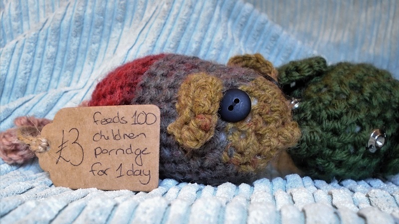 crochet mouse made by Emma Ballinger to raise money for the work of Porridge and Rice